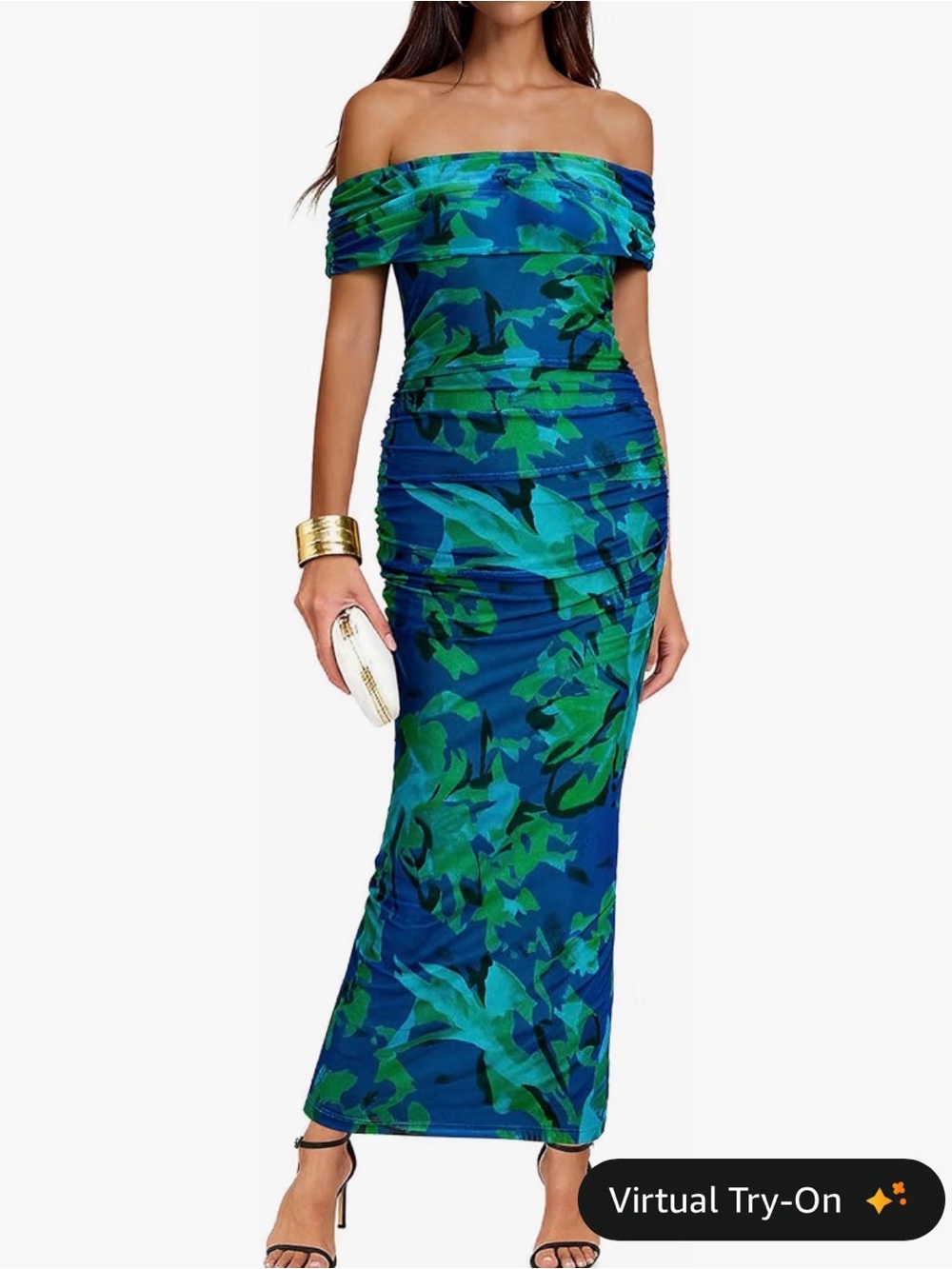 Off-Shoulder Blue & Green Floral Maxi Dress XL 16-18